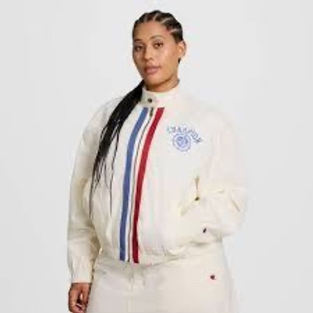 Champion Campus Layering Piece Jacket Bomber Varsity Stripe White M